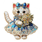Christmas Blue Cat Brooch Pin Rhinestone Crystal Flower Bouquet Animal Jewelry G