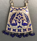 Antique Indian Sterling Gold Gilt Pratapgarh Thewa Blue Enamel Necklace Peacocks