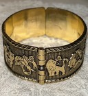 Vintage Zodiac Hinged Cuff Bracelet Gold Tone Astrology Made In France 2 5    70   s