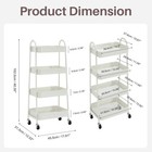 4 Tier Utility Rolling Cart  Metal Mobile Storage Shelf  white