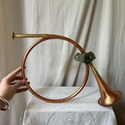 Vintage Large Copper Bugle Hunting Horn W  Brass Mouthpiece  Green Leather Strap