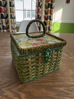 Vintage Green Wicker Sewing Basket Box With Handle Floral Retro Fabric