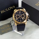 Bulova Marine Star-98b104-men Black Rubber Strap Quartz Watch Rose Gold Dial44mm