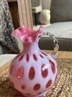 Vintage Fenton Cranberry Coin Dot Art Glass Vase With Ruffled Rim And Clear Hand