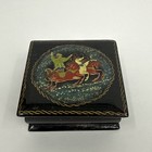 Vintage Russian Trinket Box Black Lacquer Wooden Hand Painted Signed Hinged