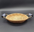 Pair Of Woven Rattan Trays W  Blue   White Ceramic Handles   Handmade Philippine