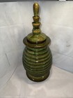 Vintage Green Ribbed Ceramic Urn With Finial Lid 18    Tall 