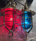 2 Vintage Brass 1950 Nautical Ship Navigation Convoy Hanging Light Red   Blue