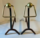 Rare 1940s Modernist Jacques Adnet Style Wrought Iron And Brass Andirons a Pair