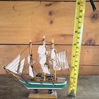 Wooden Sailboat Model Green Hull Striped Sails 20cm Decorative Collectible