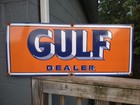 Large Vintage Gulf Dealer Motor Oil Porcelain Gasoline Service Station Sign 3ft