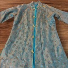 Vintage Asian Inspired Jacket Robe Teal Blue Circle Pattern Frog Closures
