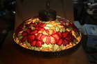 Vintage Tiffany Style Floral Pattern Glass And Faux Brass Hanging Swag Lamp