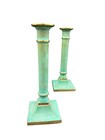 Pair Vintage Brass Candlesticks Verdigris Green Heavy Column Taper Holders 9   