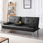 Faux Leather Futon Sofa  Modern Style  Cupholders  Pillows  Metal Frame Couch