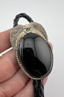 Vintage Navajo Sterling Silver Black Onyx Stamped Oval Bolo Tie 2 1 8 