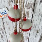5 Wood Bobbers On Jute Rope  Distressed Red   White Fish Net Floats  Decor