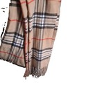 Women s Beige Plaid Scarf With Fringe Accents  Black Red White Stripes