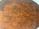 Antique Primitive Pyrography Folk Art Burnt Wood Plaque Basket Peaches