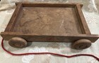 Vintage Wooden Pull Toy Wagon Cart W  Wooden Wheels   Red Pull Cord