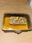 Vintage Matson Ormolu Signed Filigree Floral Bird Glass Vanity  Gold Plated Box