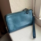 Coach Teal Blue Pebbled Leather Double Corner Zip Wallet Wristlet F64130 Euc