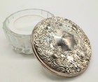  Ornate Silver Plate   Glass Vanity Powder Puff Dresser Jar W  Mirrored Lid Vtg