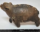 Original Primitive Antique Folk Art Large Hand Carved Worm Wood Boar Pig Toy