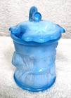 Vintage Mckee Blue Opaline Milk Glass Condiment Jar Bird On Tree Stump 3 3 4 