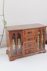 Vintage Wooden Jewelry Box Armoire London Leather - Ornate Glass Doors - Mid Cen