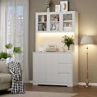 Kitchen Led Light Pantry Cabinet 3 Drawer 5 Door Glass Buffet Storage Cabinet Us