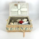 Vintage Azar Wicker Woven Sewing Box Basket With Notions Floral Tan Blue