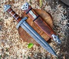 Viking Damascus Steel Blades Sword Set   Large   Small Pair W leather Scabbards