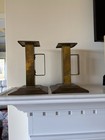 Pair Antique Arts   Crafts Art Deco Brass Handled Candlesticks 7 h