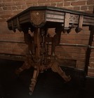 19th C  Victorian Walnut Marquetry Inlaid Parlor Table     Carved Floral Basket