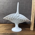 Rare 9    Vintage Footed Milk Glass Banana Boat Hobnail Basket With Handle