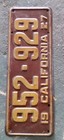 1927 California License Plate 952-929