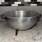 Vintage Aluminum Heart Pattern Colander Strainer 10 1 2  W  Feet Handles Cottage