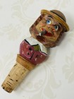 Vintage Hand Carved Painted Wood Wine Cork Bottle Stopper Cigar Man Mechanical