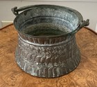 Antique Middle Eastern Persian Etched Copper Bucket Cauldron Tinned Snake Handle