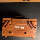 Singer Brown Wooden Sewing Box W  Handle  Drawers   Fold-out Compartments