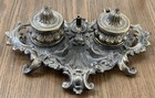 Antique Brite Metal Victorian Ornate Brass Dual Inkwell Read