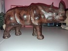 Hand-stitched Leather Rhinoceros Figurine   Deep Mahogany Patina With Inset   