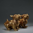 A Pair Chinese Tibet Silver Copper Handmade Exquisite Gilded Kylin Statue 6206