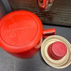 Vintage Metal Lunch Box Thermos Set Olive Green Dome Top Red Cup 1960s 1970s