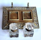 Ornate Victorian Brass Double Inkwell Faceted Crystal Bottles And Hinged Lids