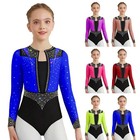Shiny Ballet Dance Leotard For Girls Long Sleeve Color Block Gymnastics Unitard 