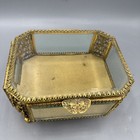 Vintage Glass Jewelry Casket Ormolu Trinket Box Gold Filigree Footed