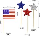 130pcs American Flags Cupcake Toppers Glitter Star Cupcake Picks For July Fourth