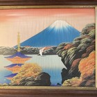Vintage Asian Silk Painting  art Framed Mountain water Pagoda 1953 Mid Century